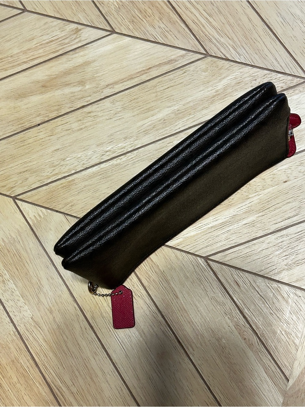 Coach Signature Brown Monogram Double Zip Wallet Red Trim - Picture 10 of 11